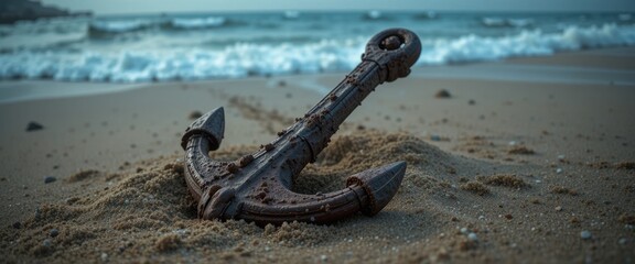 Rusty Anchor on Sandy Beach near Ocean Waves Nautical Treasure Maritime Theme Coastal Scene