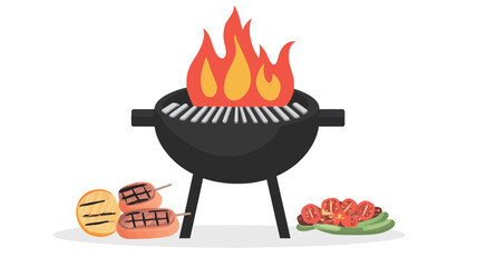 A digital illustration depicting a black round barbecue grill with flames rising from it.  To the left are illustrated grilled burger patties and buns, and to the right are illustrated