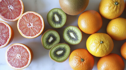 Fresh oranges, kiwis, and grapefruits arranged on marble surface create vibrant and colorful display of fruits. This assortment showcases natural beauty and variety of healthy options