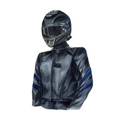 Motorcyclist with helmet and moto jacket. Biker in black moto wear, moto gear. Watercolor illustration isolated from the background. For motorcycle store design, web sites, postcard, compositions