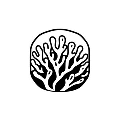 Stylized Black and White Reef Coral Graphic on a White Background in a Rounded Rectangle.