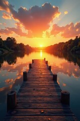 Fototapeta premium Empty wooden dock extends into still river at sunset, orange hues , wood, wooden, reflection
