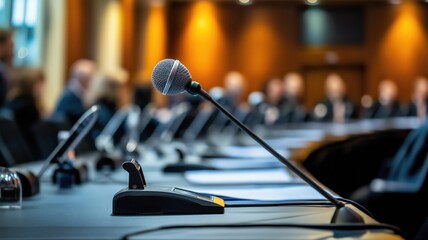 Close-up of a microphone on a blurred background at a business conference