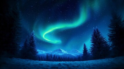 Magical Aurora Borealis over Snowy Mountains   Forest