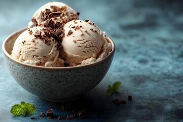 Delicious Vanilla Ice Cream Scoops with Chocolate Shavings on Rustic Surface