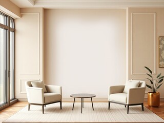 Cozy Living Room with Sunlight Streaming Through Large Window Illuminating Comfortable Chair