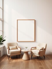 Minimalist Interior Design Featuring White Wall Elegant Picture Frame and Two Stylish Chairs in Harmony