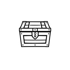 A minimalist, line-art illustration of a wooden chest with a lock-shaped clasp and a decorative design. The design shows simplicity, charm, and detail.