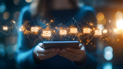 A person using a smartphone to interact with digital email notifications.