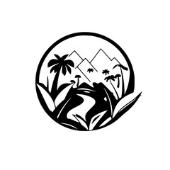 Circular Black and White Landscape Illustration featuring Palm Trees, Mountains, and a Winding River.
