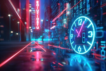 Vibrant neon clock stands prominently in a futuristic cityscape, surrounded by glowing binary code and illuminated streets. Scene conveys a blend of technology and art.