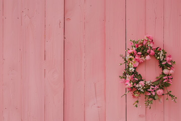 A floral wreath hangs from a pink wooden door. Floral wreath on the front door.