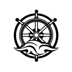 Minimalist black and white nautical illustration of a ship's wheel with an ornamental wave design. © MatandSterre
