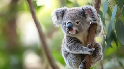 Fototapeta premium Cute baby koala clinging to a tree branch with a blurred eucalyptus forest in the background