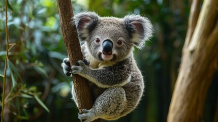 Naklejka premium Cute baby koala clinging to a tree branch with a blurred eucalyptus forest in the background