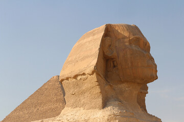 Close up face of  The Great Sphinx at Giza in a sunny day, Egypt