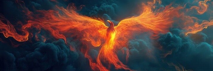 Fototapeta premium Firebird Phoenix Rising. Legendary Fantasy Creature Reborn from Ash