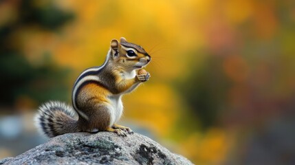 Cute chipmunk standing on a rock, holding a tiny nut with a blurred forest in the background