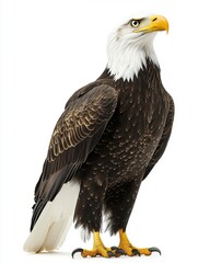 Obraz premium A majestic bald eagle with a white head and yellow beak, perched against a white background.