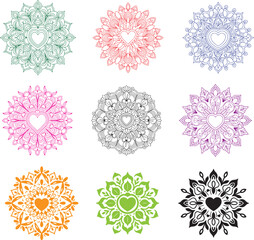 Mandala lineart illustration silhouette black and color bundle set
