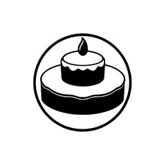 Black and white image of a two-tiered cake with a single candle on top, placed within a circular frame.