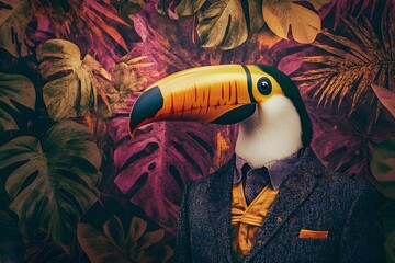 Obraz premium Colorful Toucan Perched Amidst Vibrant Tropical Foliage in Lush Rainforest Habitat