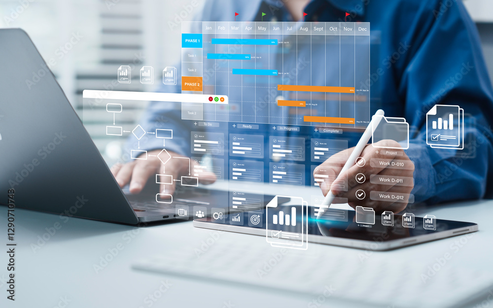 Fototapete Project management tool concept. Business people use laptop to manager working projects and update task with Gantt chart schedule to Business plan and progress. Planning software.