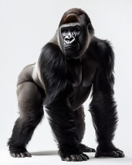 A powerful gorilla standing confidently against a white backdrop.