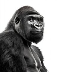 A close-up portrait of a majestic gorilla with a serious expression, showcasing its features.
