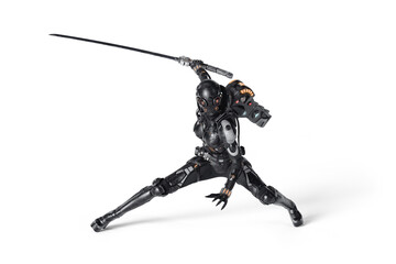 Sci-fi female cyborg assassin wears shiny black metal armor, helmet, high heels, jetpack, holding a katana sword in one hand in a dynamic ninja fighting strike stance. 3d render on white background.