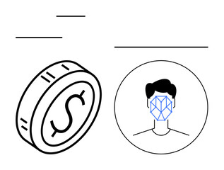 Coin with a dollar sign next to a facial recognition interface for biometrics. Ideal for identity verification, security, digital finance, fintech innovation, AI, tech advancements, abstract line