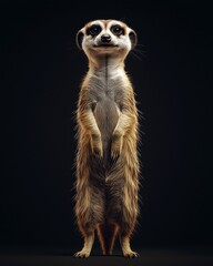 Fototapeta premium A cute meerkat standing upright against a dark background.