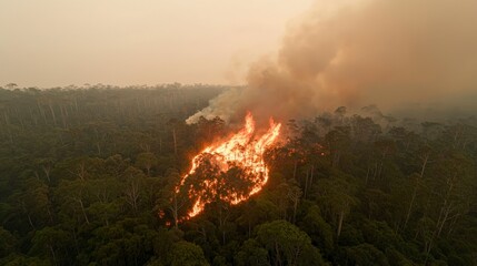 Aerial view of wildfire in forest  environmental disaster  climate change  global warming