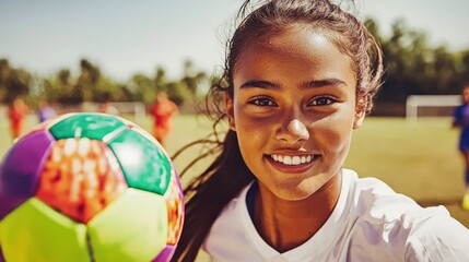 Naklejka premium Happy Girl Playing Soccer Smiling Youth Sports Athlete