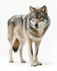 Obraz premium A majestic wolf with a thick coat, standing confidently against a white backdrop.