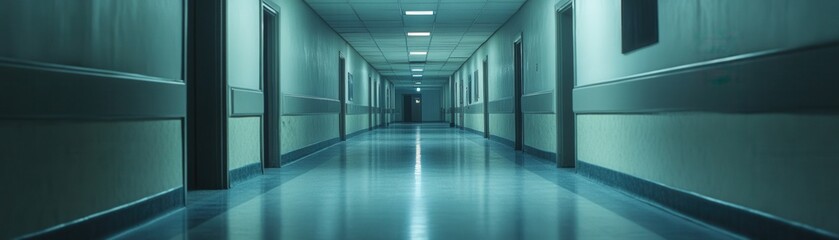 Abandoned hospital corridor with pristine linoleum floors, evoking a haunting sense of isolation and neglect.