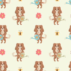 Dog Watering Can Spring Seamless Pattern. Pet Springtime Background with cute spaniel puppy gardening tools butterfly flower. Repeat vector illustration 