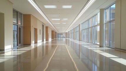 Tranquil empty corridor in a modern hospital, showcasing sleek design and calming atmosphere.