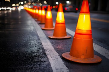 Glowing Traffic Cones Lining a Wet Illuminated Road at Night
