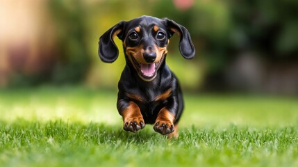 Happy dachshund puppy running on a green lawn with a softly blurred background