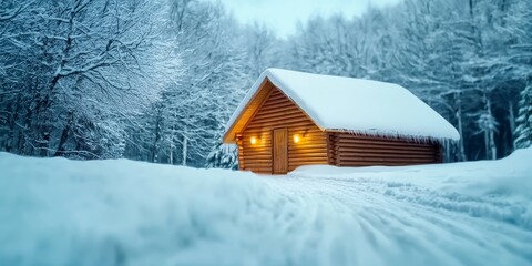 A cozy cabin surrounded by snow-covered trees, illuminated warmly, creating a serene winter landscape.