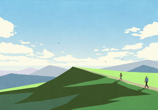 Couple backpacking in sunny, remote, idyllic green mountains
