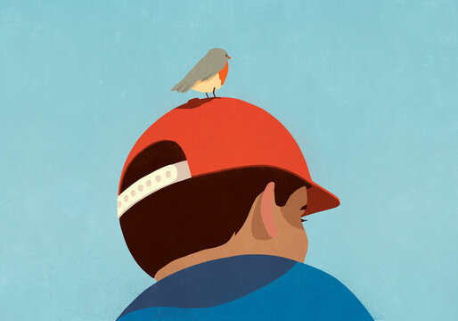 Low angle view small bird perched on red baseball cap on boy's head
