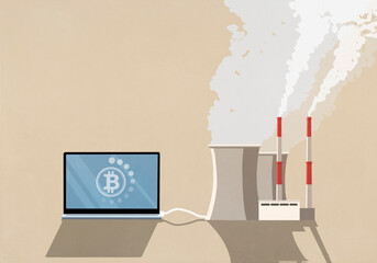 Bitcoin laptop connected to factory emitting smoke from smokestacks
