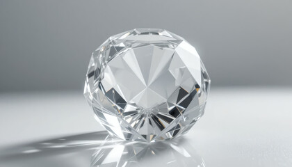 Elegant Crystal-Clear Paperweight with Sharp Geometric Facets Reflecting Light on a Smooth White Surface