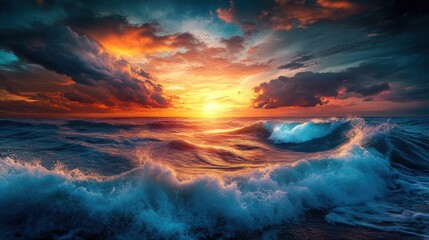 A mesmerizing sunset over the ocean, waves crashing on a coral-studded coastline with dramatic clouds.