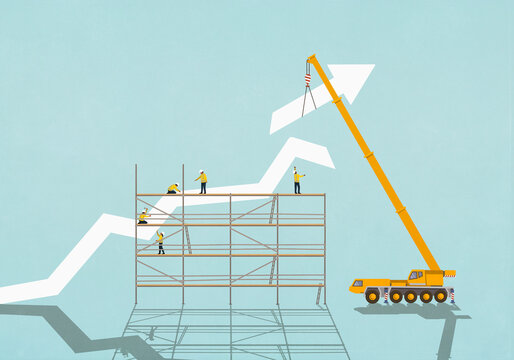 Construction workers on scaffolding below crane assembling ascending graph arrow
