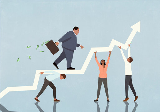 Business people trying to hold up ascending graph arrow for large businessman with money briefcase
