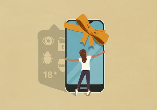 Shadow of malware icons behind girl hugging smart phone with yellow gift bow
