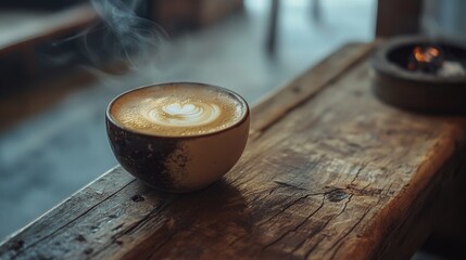 A freshly brewed cappuccino with delicate latte art resting on a rustic wooden table creating a warm inviting atmosphere for coffee lovers to enjoy a peaceful moment.